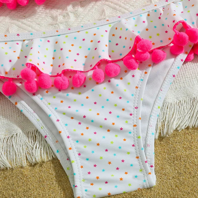 Menina Ruffle Pompom Bikini Set Swimsuit Crianças Halter Top Two Piece Crianças Swimwear Estrelas Imprimir 3-12 Anos Criança Maiô