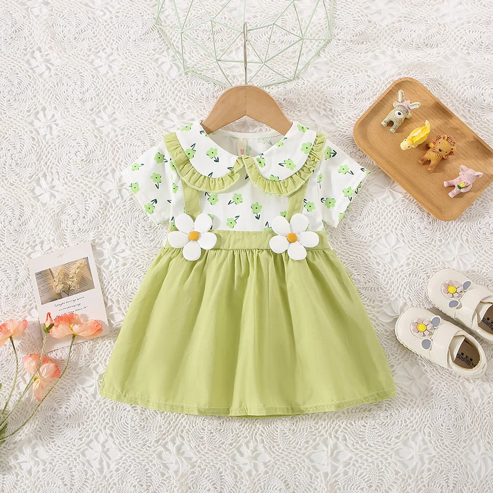 Vestido de alça de flor para bebê, Decoração de flores, colarinho dobrável, doce vestido de princesa, verão, novo