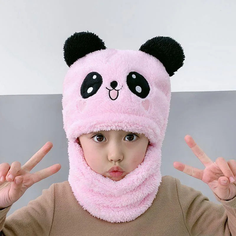 Chapéu do lenço do panda dos desenhos animados de pelúcia infantil, boné Balaclava Windproof, velo de cordeiro, gorro encapuzado, luxuoso, exterior, Esqui, Meninos, Meninas, Crianças, Inverno