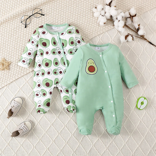 Terno de escalada com padrão de desenho animado para bebê, roupa interior, bonito Onesie, cheio de impresso, verde claro, recém-nascido, 2 pcs set, 0 a 9m