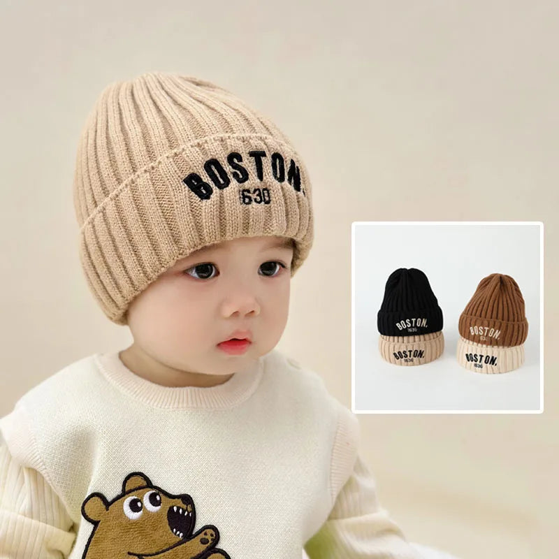 Chapéu de lã tricotado infantil, proteção auricular à prova de vento, gorro de bebê para meninos e meninas, quente, outono, inverno