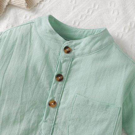 Bebê meninos manga curta Stand colar bolso t-shirt, top verde menta, vento parcial formal, bolso fresco pequeno, verão