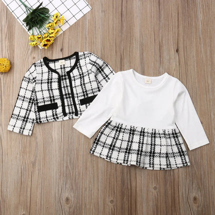 Conjunto de roupas xadrez brancas femininas, roupas de princesa, outono inverno, tops de casaco xadrez, vestido tutu retalhos, trajes formais, 1-6 anos, 2 peças