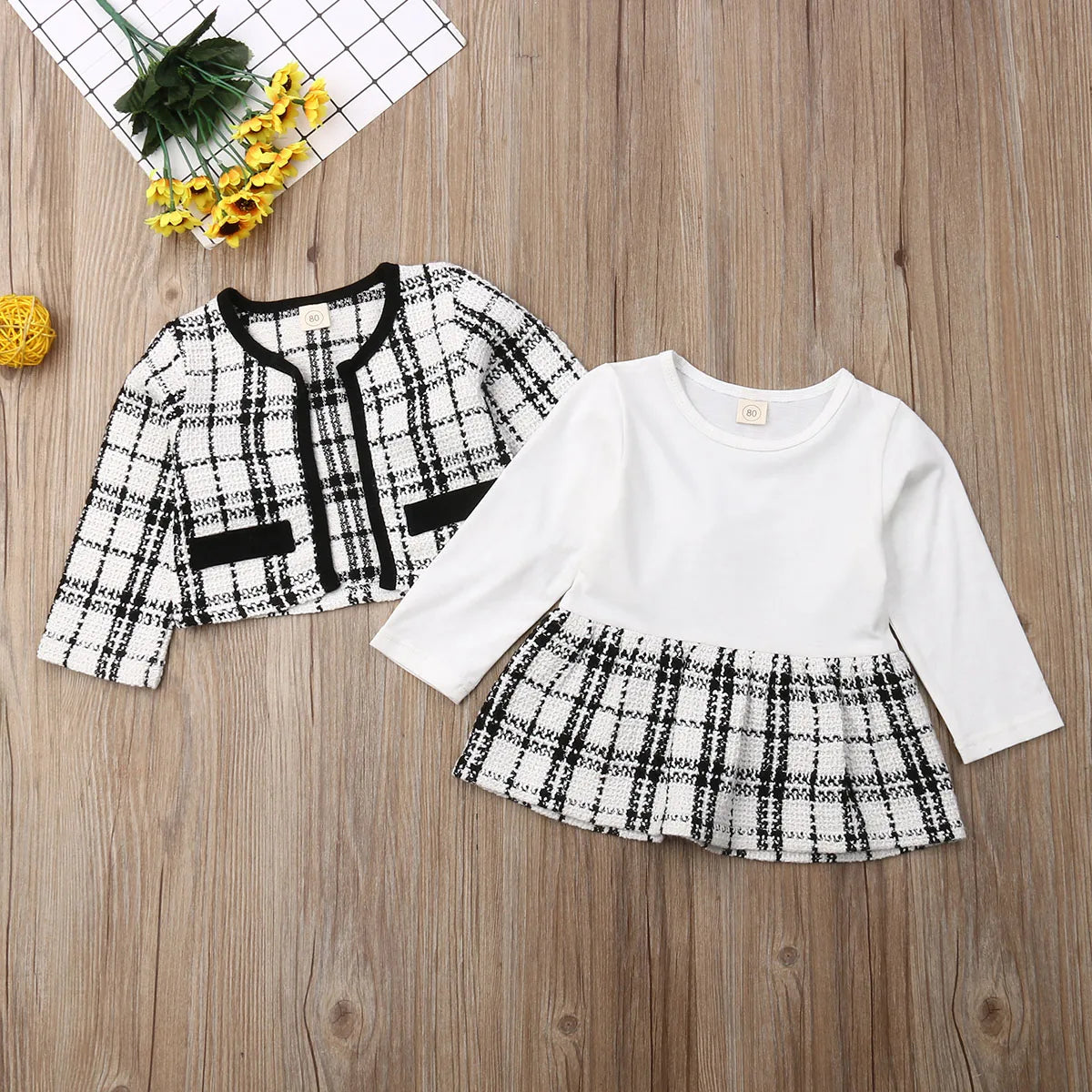 Conjunto de roupas xadrez brancas femininas, roupas de princesa, outono inverno, tops de casaco xadrez, vestido tutu retalhos, trajes formais, 1-6 anos, 2 peças