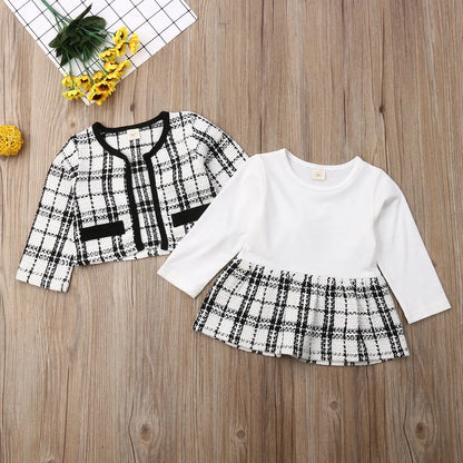 Conjunto de roupas xadrez brancas femininas, roupas de princesa, outono inverno, tops de casaco xadrez, vestido tutu retalhos, trajes formais, 1-6 anos, 2 peças