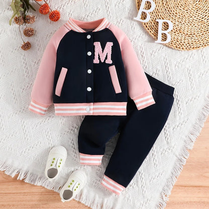 Uniforme de Beisebol Menina de Manga Longa, Jaqueta de botões, Casaco e Calça, Roupa Rosa, Conjunto Infantil, 6 Meses, 3 Anos