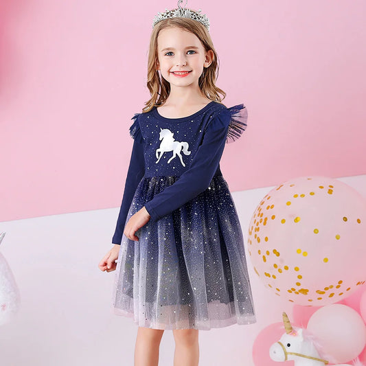 VIKITA-Girls Flare Sleeve Cartoon Dress, Kids Gradient Dress, Birthday Party, Navy Princess Dresses, Outono, Primavera, Licorne