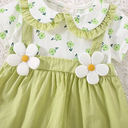 Vestido de alça de flor para bebê, Decoração de flores, colarinho dobrável, doce vestido de princesa, verão, novo