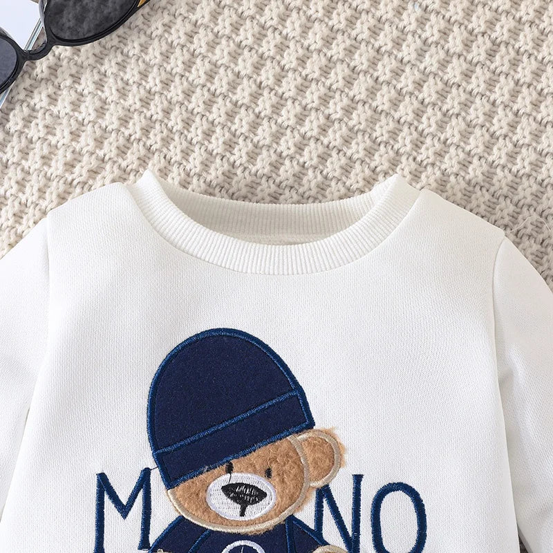 Casual Cartoon Urso Manga Longa Camiseta e Calças Navy Outfit, Conjunto de Roupas Infantis, Kids Wear, Criança Terno, 3-24 meses