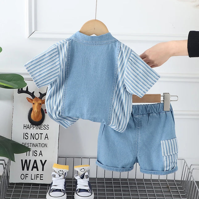 Conjunto de Camisa Listrada e Shorts Jeans para Menino