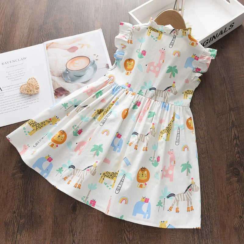 Líder urso Cartoon Print Baby Girls Princess Dress Nova Moda Verão Floral Toddler Kid Party Clothes Crianças Vestido