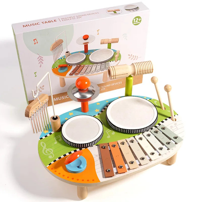 Xilofone de madeira para crianças, conjunto de tambor, sino de vento, instrumentos musicais sensoriais de percussão, brinquedos educativos montessori para crianças, presentes