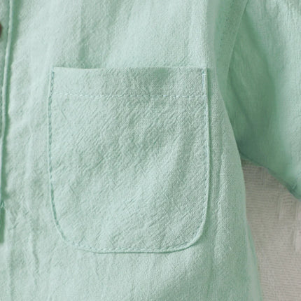 Bebê meninos manga curta Stand colar bolso t-shirt, top verde menta, vento parcial formal, bolso fresco pequeno, verão