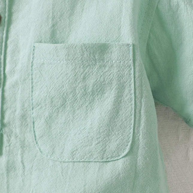 Bebê meninos manga curta Stand colar bolso t-shirt, top verde menta, vento parcial formal, bolso fresco pequeno, verão