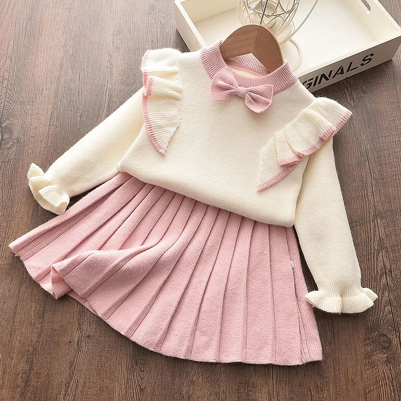 Vestido de malha de mangas compridas feminino, terno princesa e saia, roupas infantis, roupas casuais, camisola de inverno, terno infantil, 2 peças