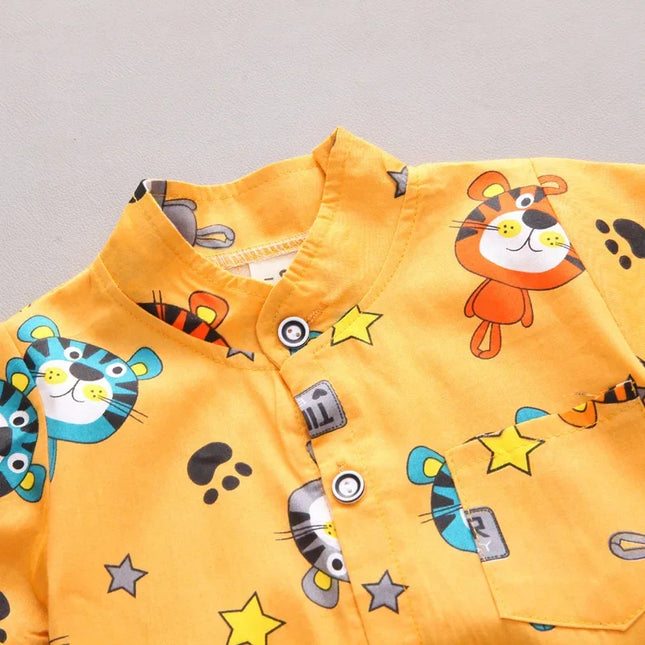 Cartoon Tiger Animal Random Print Shirt e Shorts Set, Infantil Criança Moda Verão, 2pcs