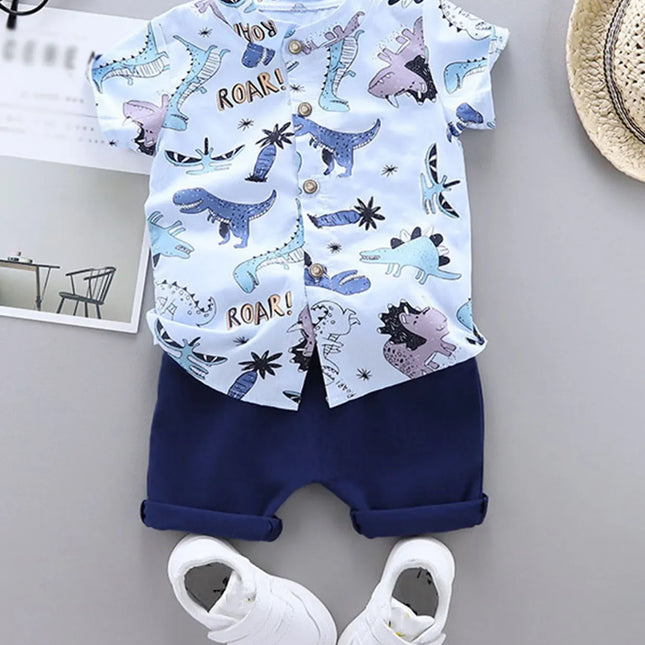 Bebê e criança completa impressão Top manga curta e Shorts conjunto, padrão de dinossauro manchado, camisa de gola alta, verão, 2pcs