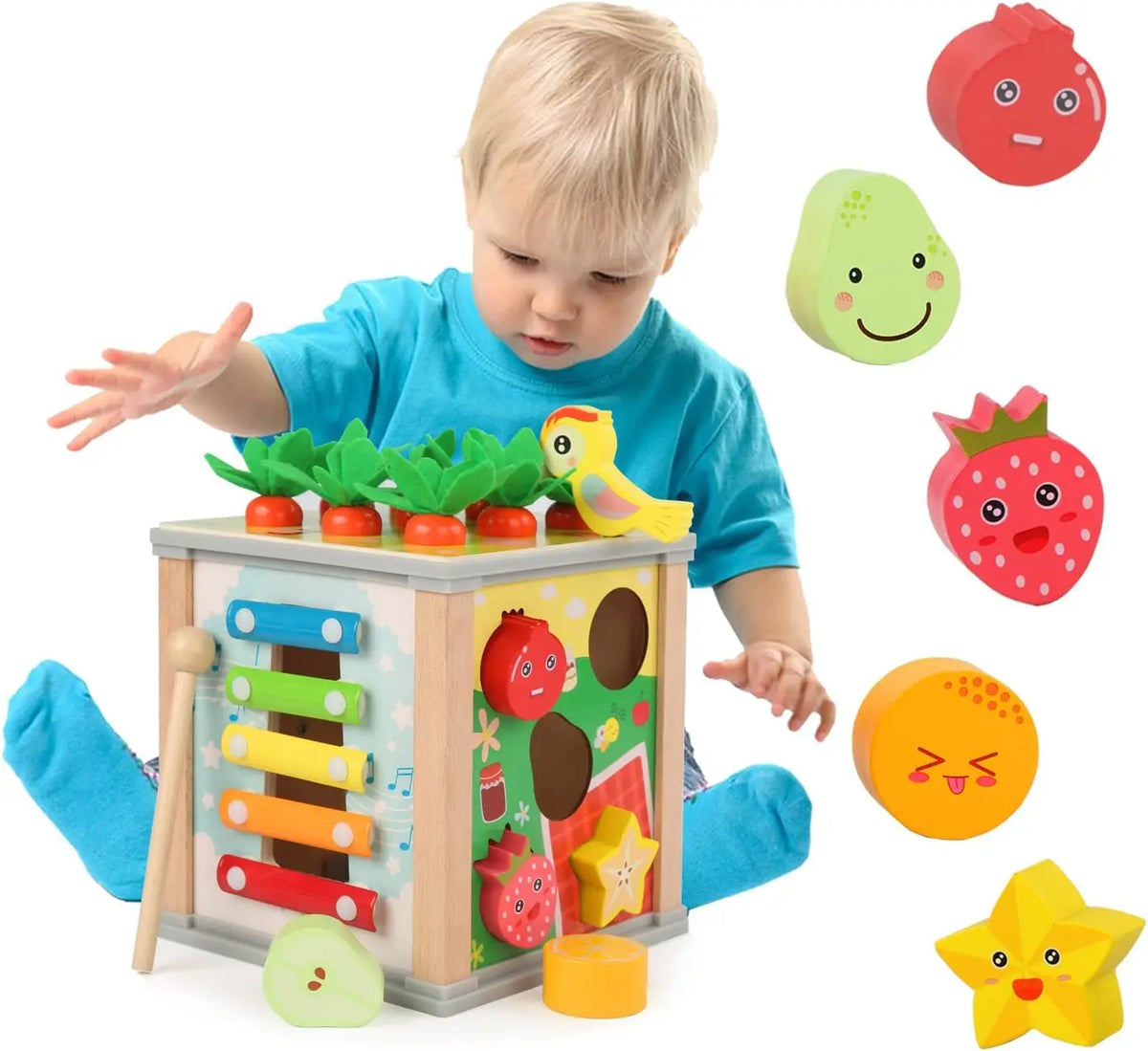 6in1 Madeira Atividade Cube Montessori Brinquedos para 12M Bebê Cenouras Colheita Game & Bead Maze Preschool Aprendizagem Educação Shape Sorter