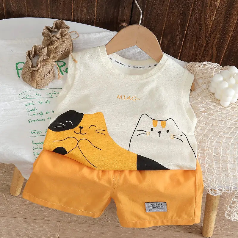 Crianças dos desenhos animados gato colete camiseta e shorts, roupas infantis terno, fatos de treino infantil, moda criança, verão, 2pcs por conjunto