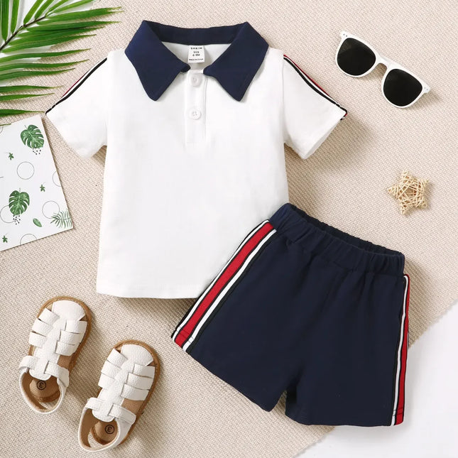 Camisa polo frontal de manga curta, manga curta, shorts casuais confortáveis, shorts listrados confortáveis, 6-36M, conjunto 2 pcs