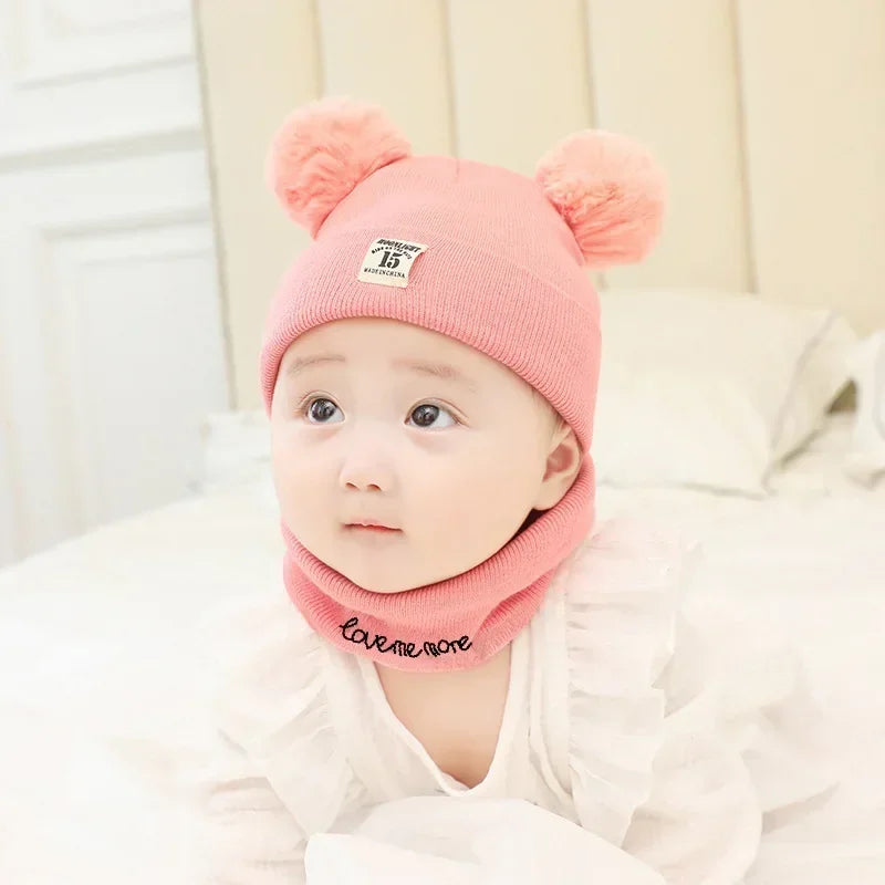 Inverno quente bebê malha chapéus com cachecol crianças gorro de malha chapéus cor sólida chapéu infantil para a criança meninos meninas acessórios