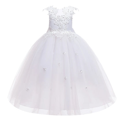 Vestido de dama de honra formal para meninas, vestido de noiva branco, princesa baile, vestidos infantis, traje de aniversário, arco