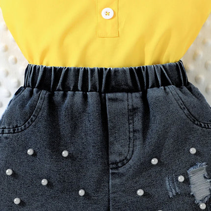 Shorts jeans pérola e bow top feminino, roupa de criança, conjunto de roupas infantis, criança, 2-7 anos, verão