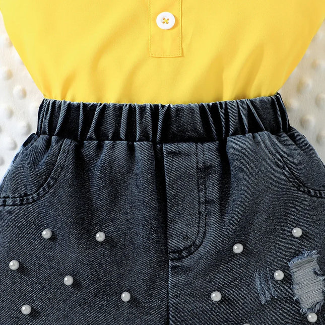 Shorts jeans pérola e bow top feminino, roupa de criança, conjunto de roupas infantis, criança, 2-7 anos, verão