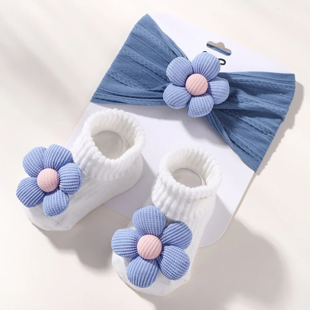 Flower Baby Headband Socks Set, Soft Nylon Hairband para recém-nascidos, Elastic Floral Turbante, meia curta, infantil Headwear, 2pcs