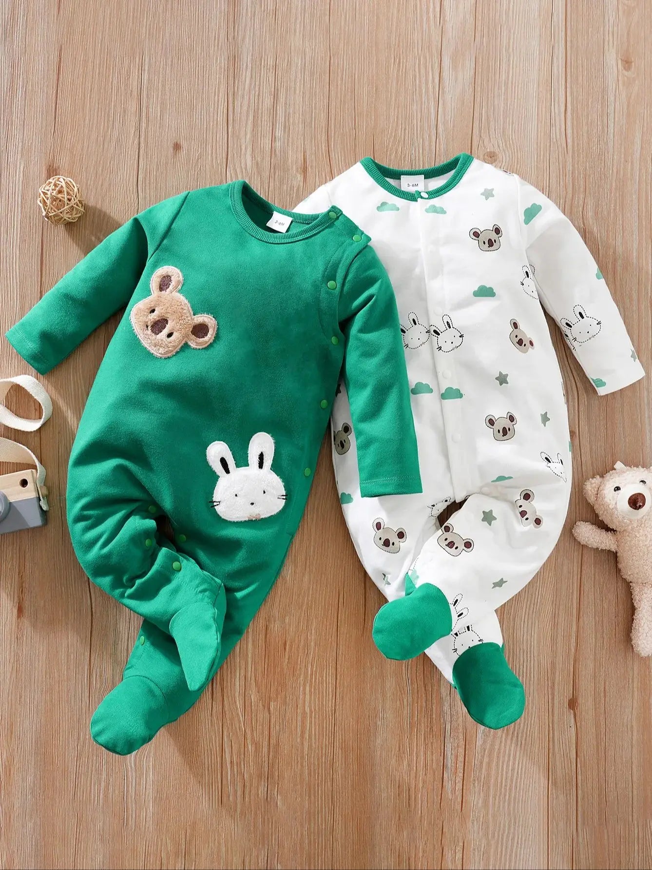 Bodysuit manga comprida para crianças, roupas de menino, coelhinho coala estampa, confortável onesie, como presente, 0-24m, 2pcs, primavera, outono