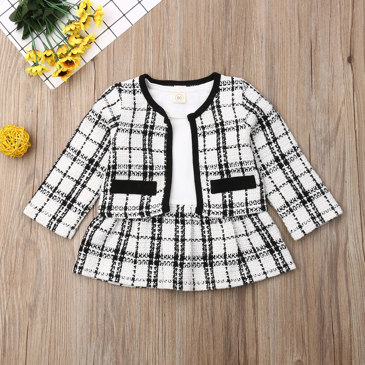 Conjunto de roupas xadrez brancas femininas, roupas de princesa, outono inverno, tops de casaco xadrez, vestido tutu retalhos, trajes formais, 1-6 anos, 2 peças