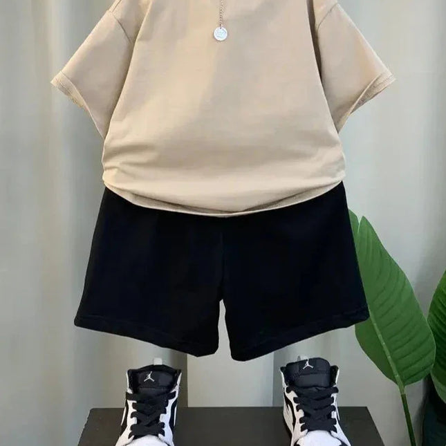 Conjunto de roupas infantis, manga curta, camiseta e shorts, impressão de letras, casual, bebê, meninos, coreano, novo, conjunto de 2 peças, verão