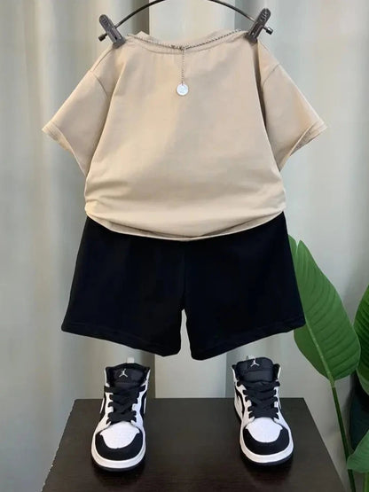 Conjunto de roupas infantis, manga curta, camiseta e shorts, impressão de letras, casual, bebê, meninos, coreano, novo, conjunto de 2 peças, verão