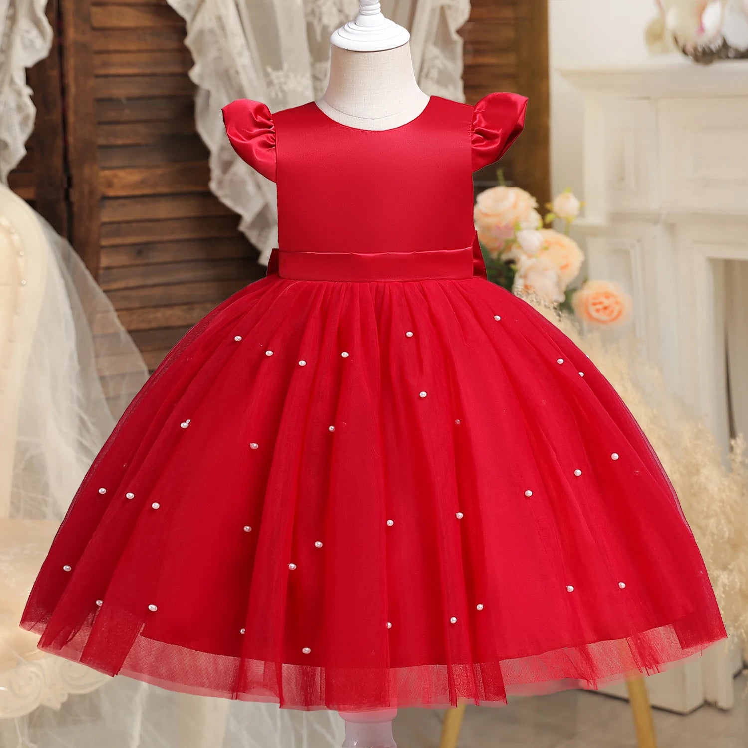 Criança Vermelha Natal Princesa Vestido, bonito Baby Girl 1 ° Aniversário Tutu Vestido, Recém-nascido Backless Bow Beading Xmas Traje