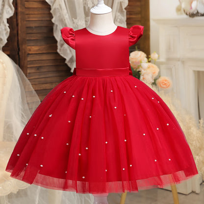 Criança Vermelha Natal Princesa Vestido, bonito Baby Girl 1 ° Aniversário Tutu Vestido, Recém-nascido Backless Bow Beading Xmas Traje