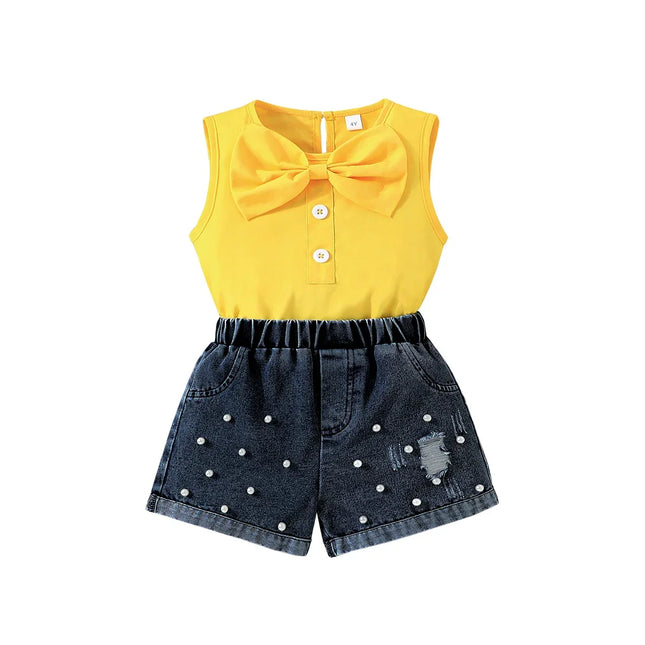 Shorts jeans pérola e bow top feminino, roupa de criança, conjunto de roupas infantis, criança, 2-7 anos, verão