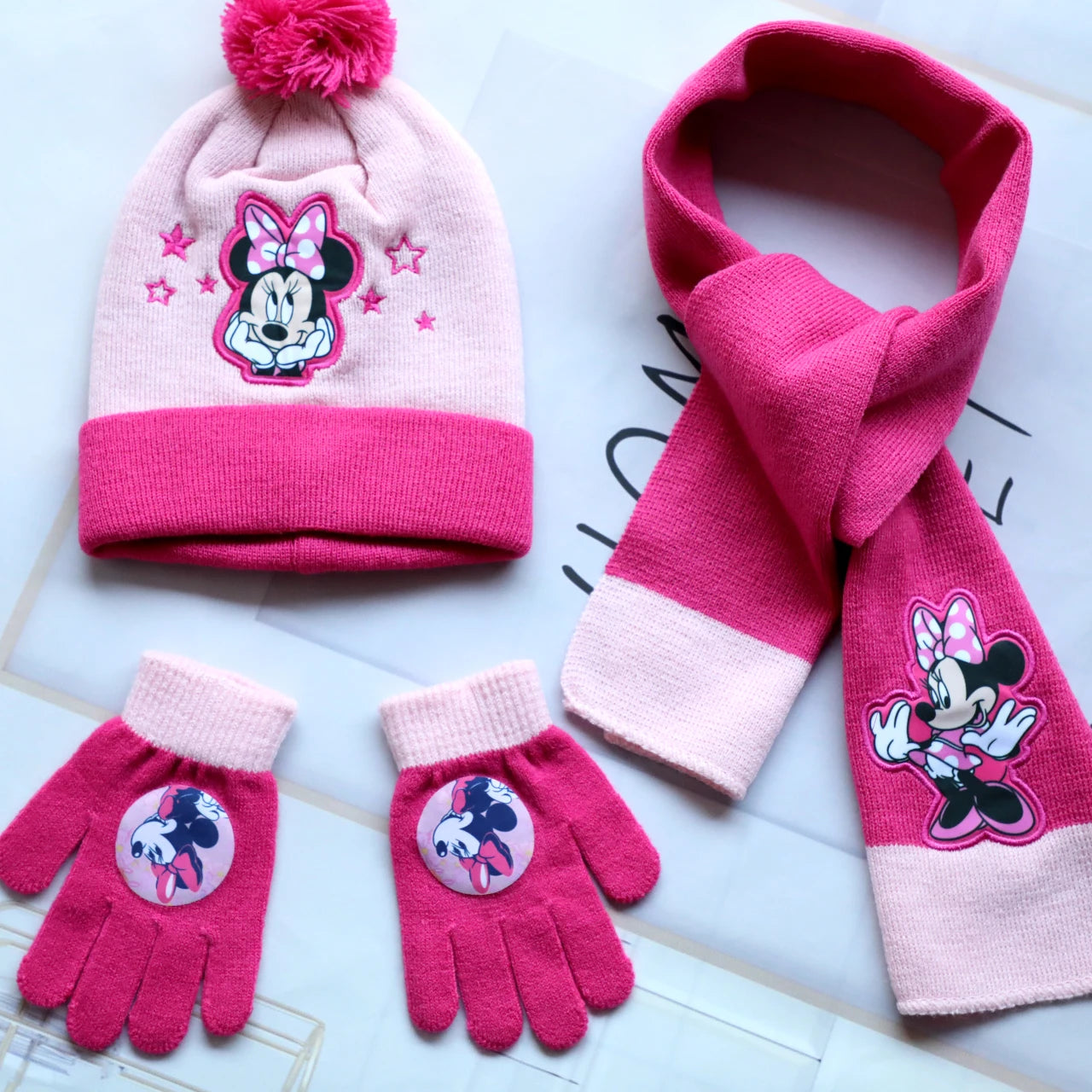 Disney-Children's Minnie Cartoon Scarf Hat and Glove, Quente, Bonito, Menino, Menina, Criança, Presente de Natal, Novo, Outono e Inverno, 3 pcs