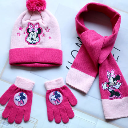 Disney-Children's Minnie Cartoon Scarf Hat and Glove, Quente, Bonito, Menino, Menina, Criança, Presente de Natal, Novo, Outono e Inverno, 3 pcs