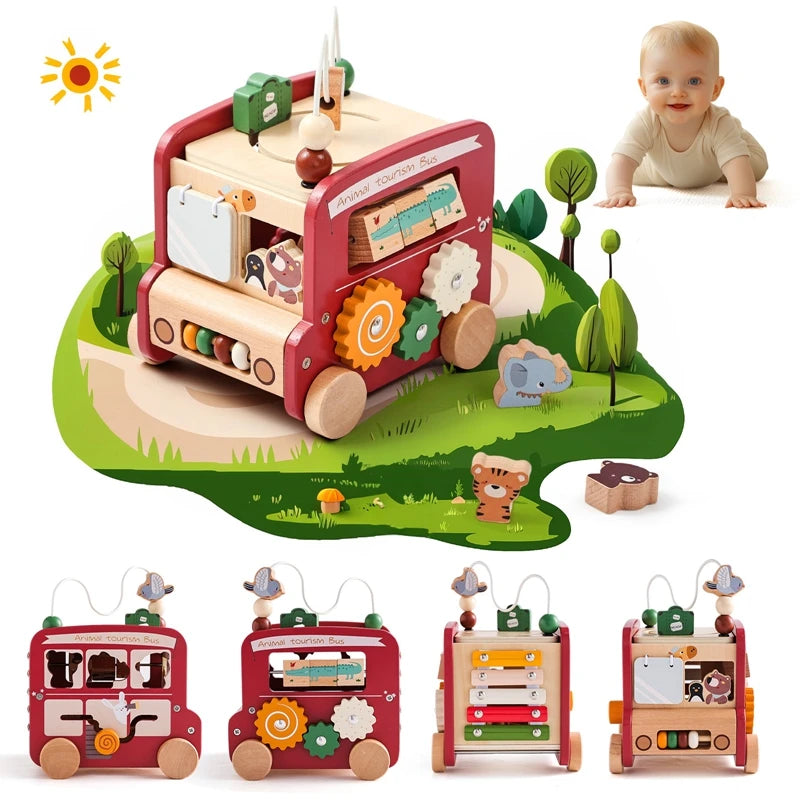 Polyhedron Wooden Montessori Car Toy para Crianças, Educação Infantil, Mão Cérebro, Órgão dos Sentido, Ônibus Ocupado, Presente para Bebês, 0-12Months