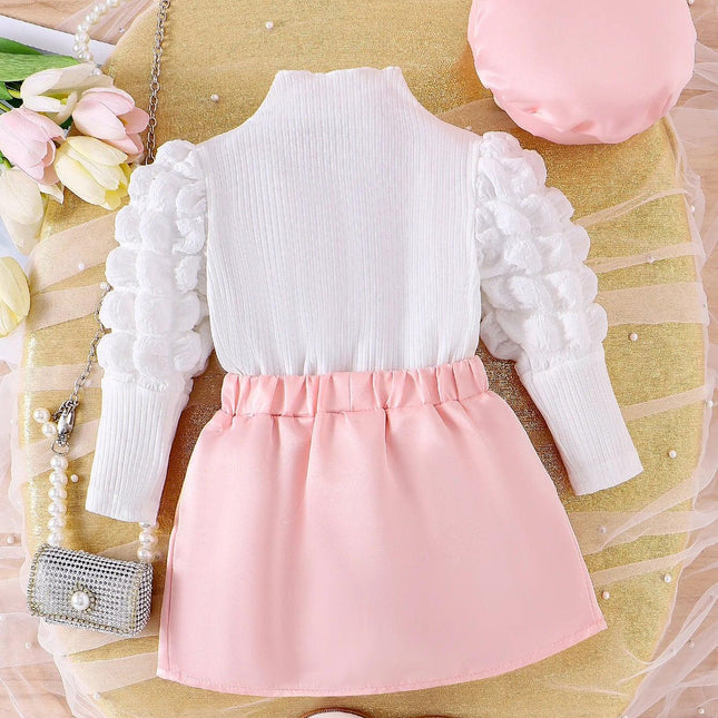3 pçs outono novo estilo para meninas de 0-3 anos confortável doce manga bolha topo + saia plissada rosa + chapéu conjunto