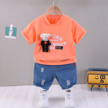 2023 bebê menino roupas de verão para crianças dos desenhos animados o-pescoço pulôver manga curta camisetas topos e shorts jeans estilo coreano conjunto