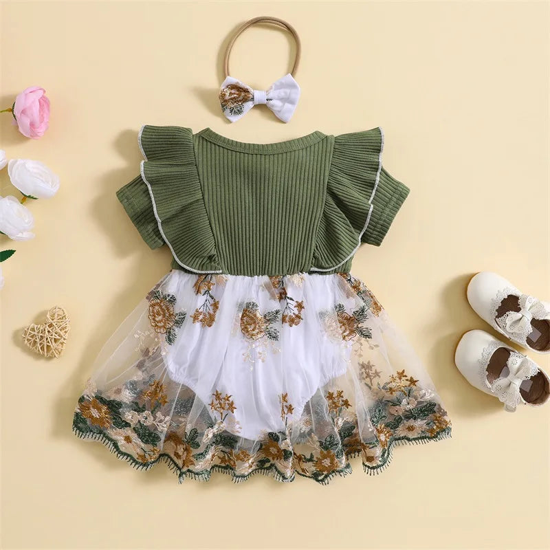 Vestido de Romper Infantil Bebê Recém-nascido, Bordado De Flores, Malha Rib Ruffles, Macacão Gola Tripulação, Bodysuit Verão, Arco Headband