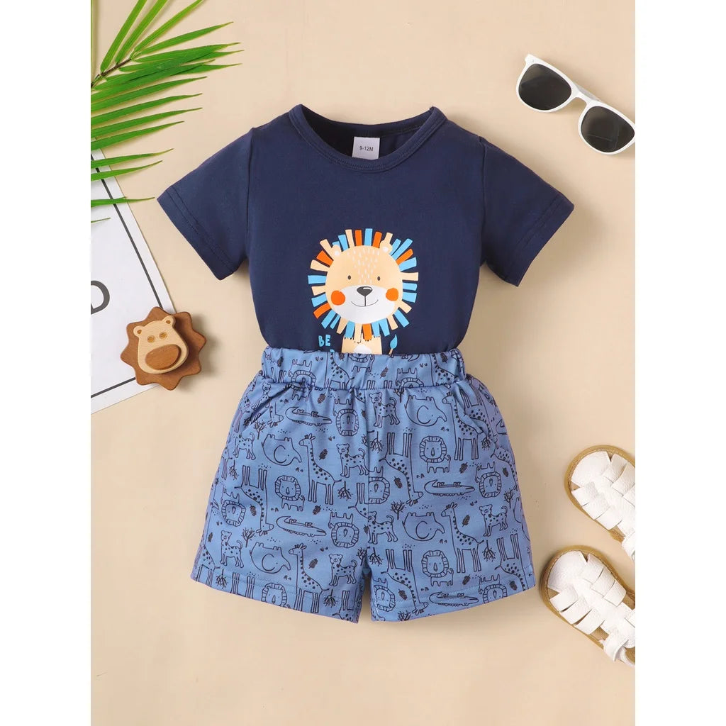 2cps verão bebê menino roupas conjunto dos desenhos animados leão manga curta bodysuit + shorts lazer casa roupas para infantil menino 3-18 meses