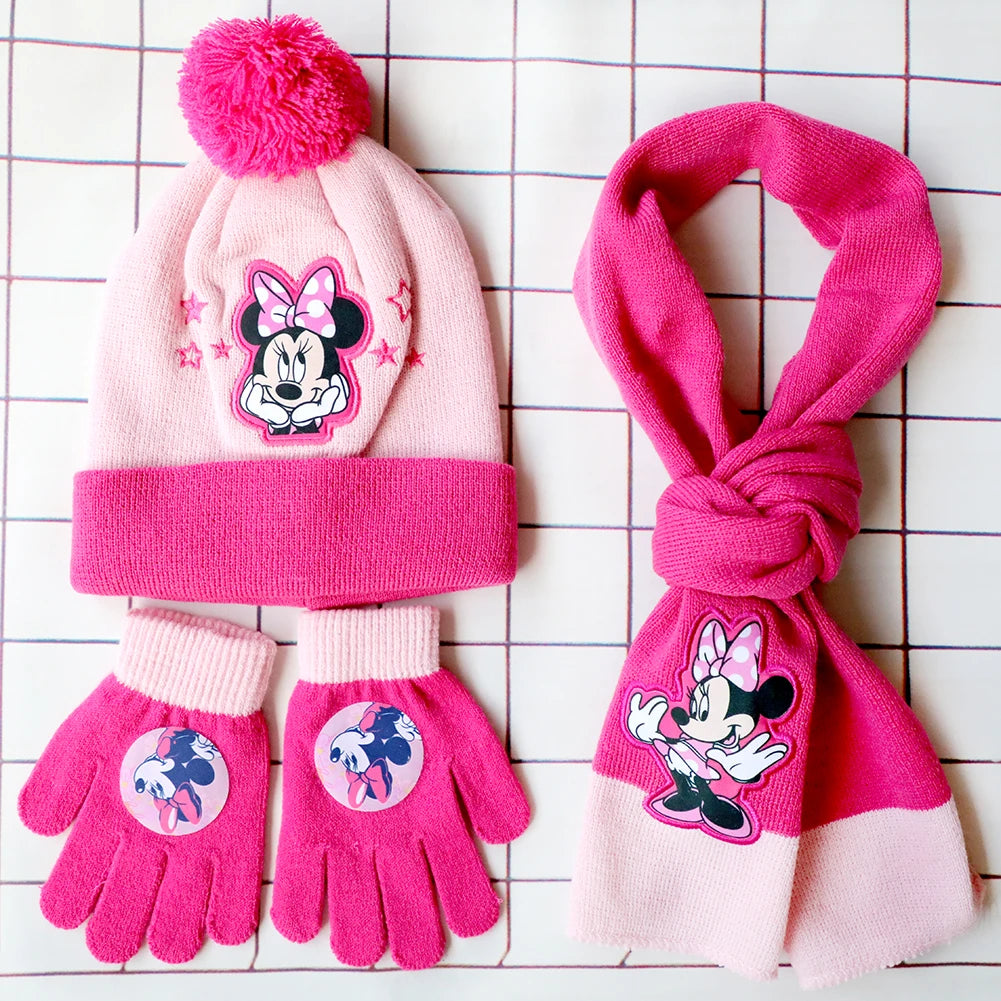 Disney-Children's Minnie Cartoon Scarf Hat and Glove, Quente, Bonito, Menino, Menina, Criança, Presente de Natal, Novo, Outono e Inverno, 3 pcs