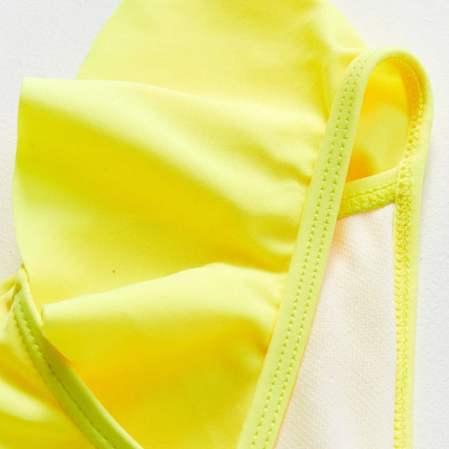 Maiô de duas peças, design floral, amarelo, babado, biquíni, para meninas