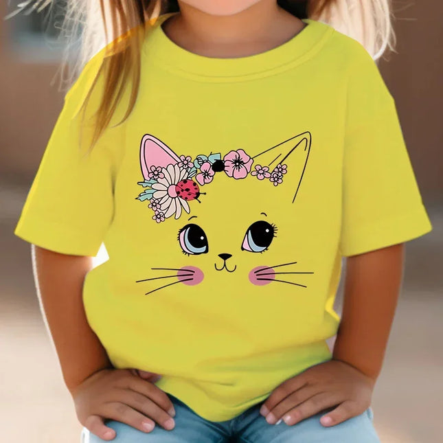 T-shirt de manga curta para meninas, flor, gato, floral, gatinho, branco, manga curta, selvagem, bonito, animal, desenhos animados, verão