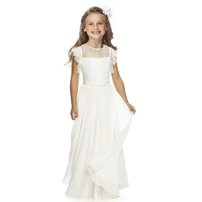 Princesa Branco Marfim Flower Girl Vestidos, Appliqued Ruffles, bonito Jewel Neck, Big Bow Sash, Long, Toddler Birthday Party, Prom Vestidos