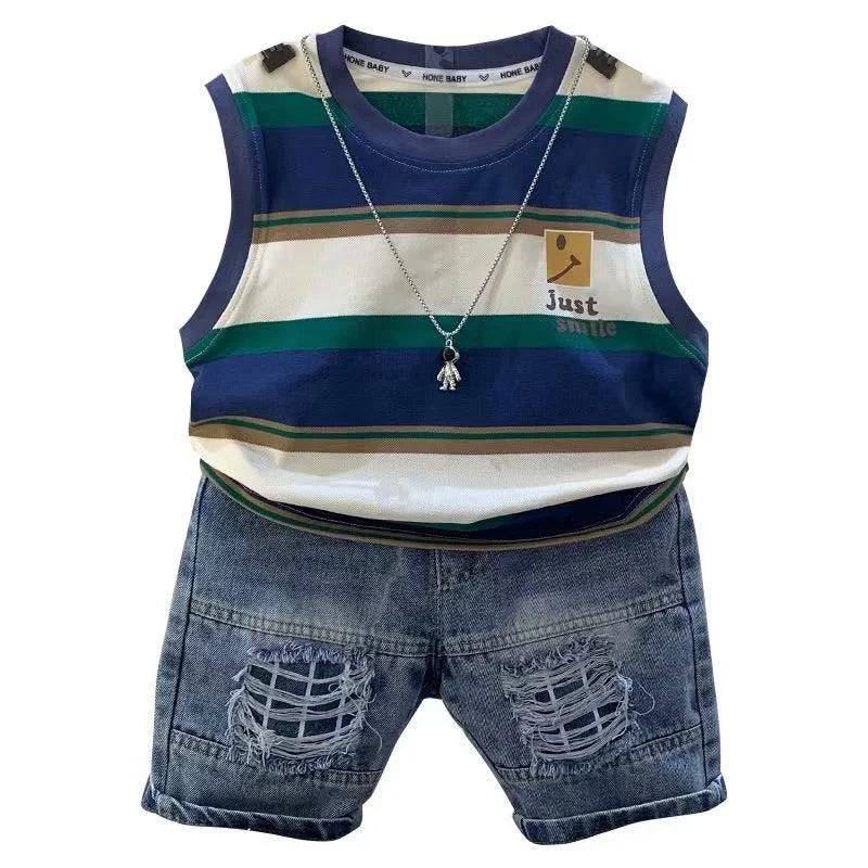 Baby Boys listrado em torno do pescoço pulôver, camisa sem mangas e shorts jeans, roupas Boutique de verão, terno esporte, algodão, 2pcs