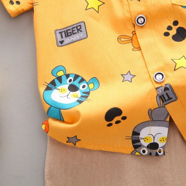Cartoon Tiger Animal Random Print Shirt e Shorts Set, Infantil Criança Moda Verão, 2pcs