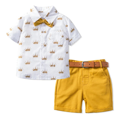 Camisa estampada coroa com laço e cinto de couro para meninos, roupa formal infantil, conjunto de roupas de festa de aniversário, verão, 1, 2, 3, 4, 5, 6 anos